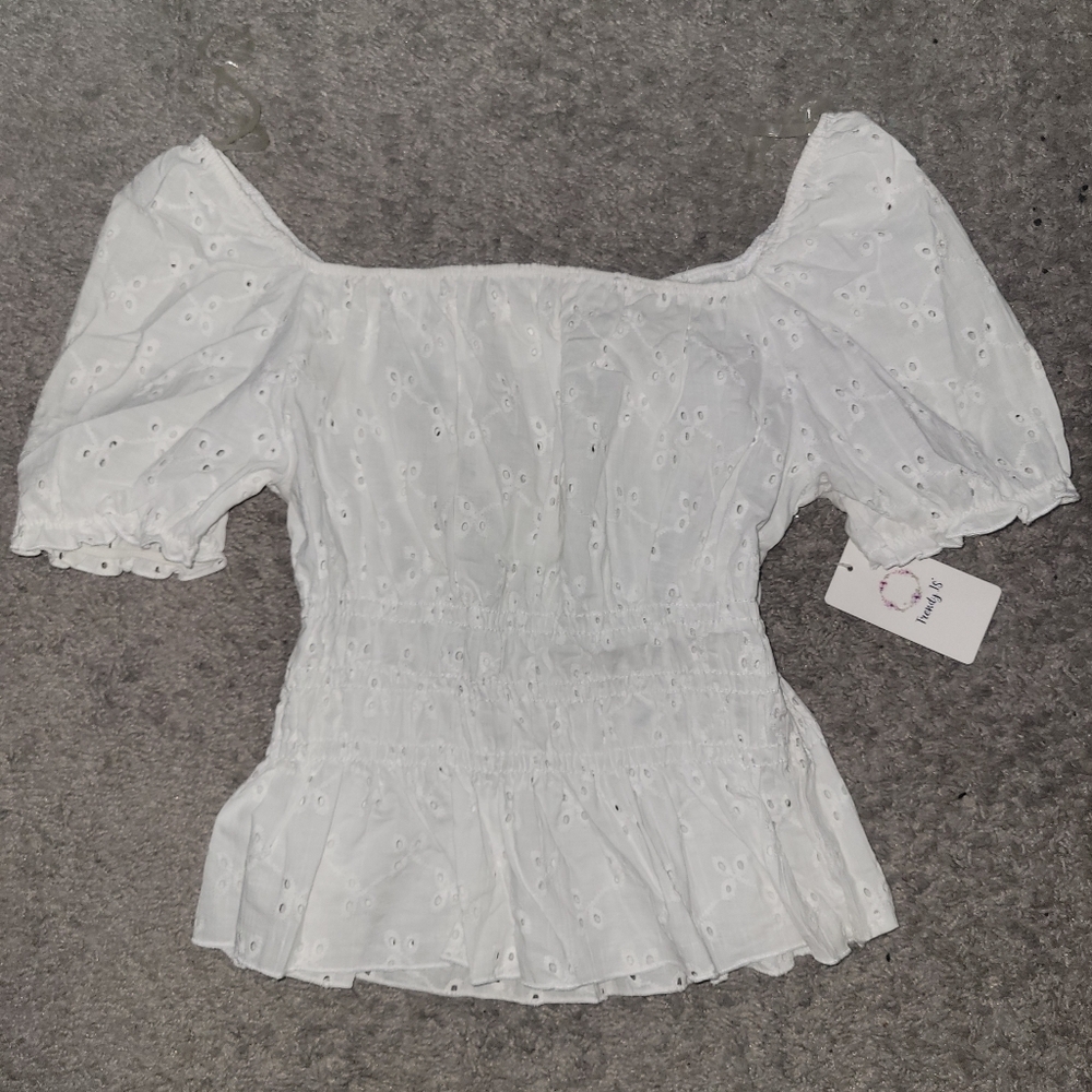 White Eyelet Puff-Sleeve Smocked Women’s Top